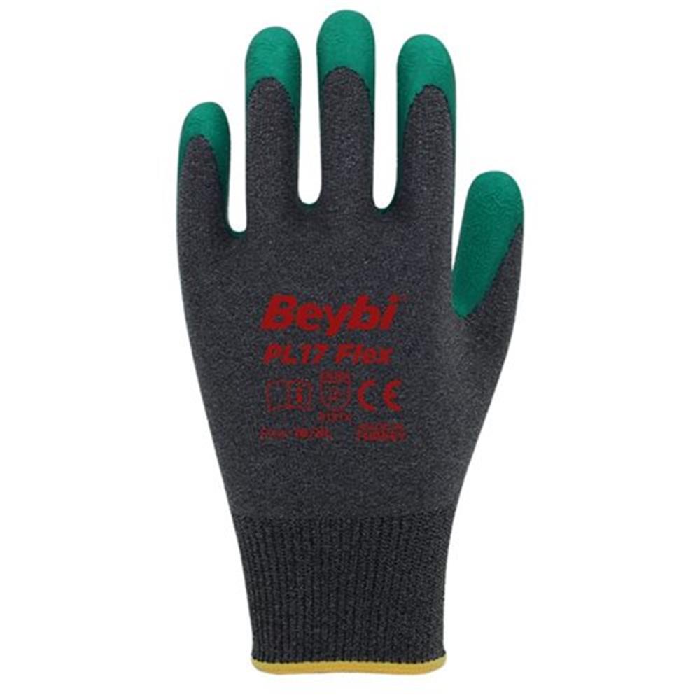 BEYBİ PL17 Flex 10 Beden Gri-Yeşil Polyesyter Likralı İpten Örülmüş Lateks Kaplı 12li Paket (3131X)
