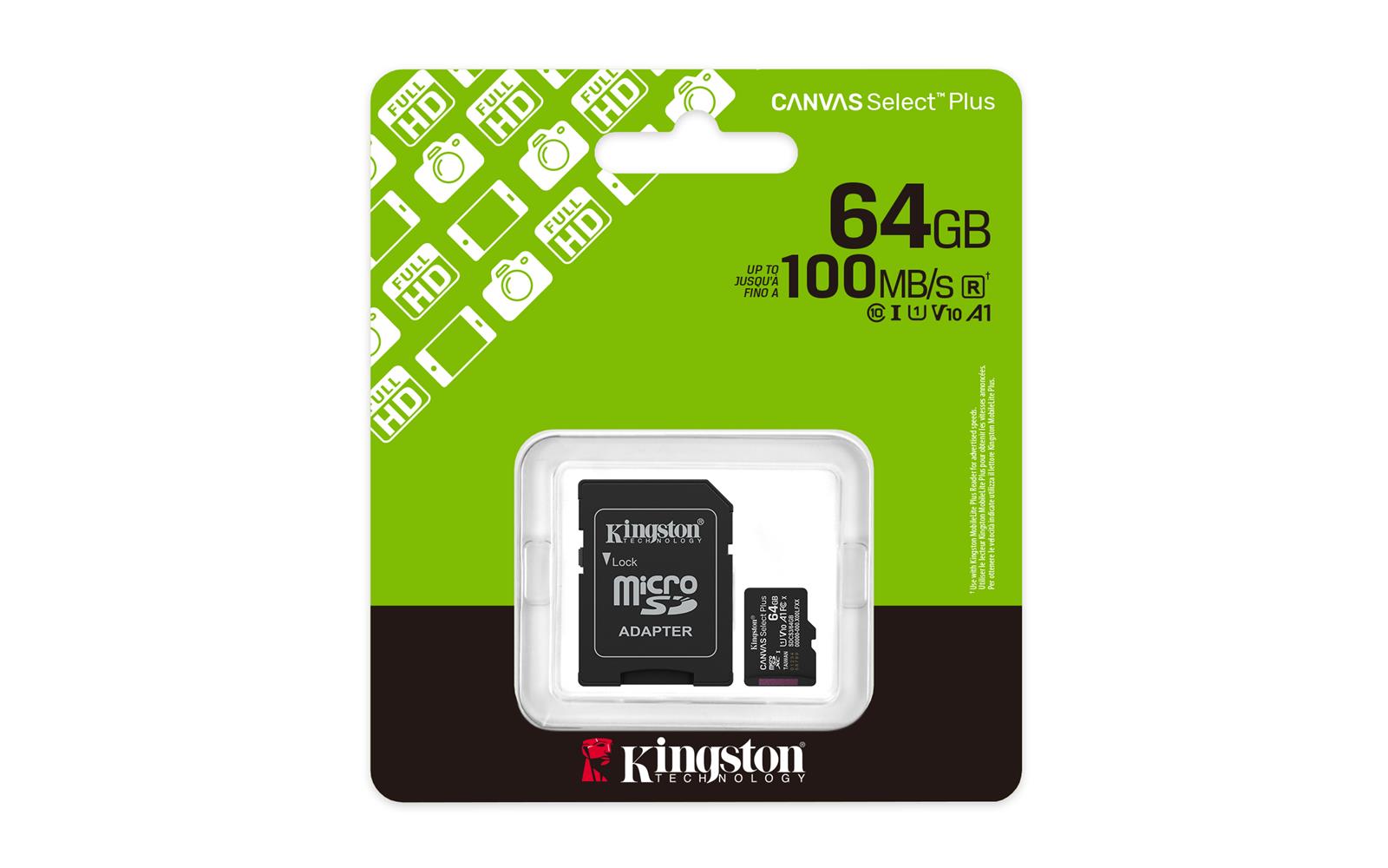 Kingston SDCS3-64GB 64GB microSDXC Canvas Select Plus Gen3 100MB-s A1 Card + Adapter Hafıza Kartı 