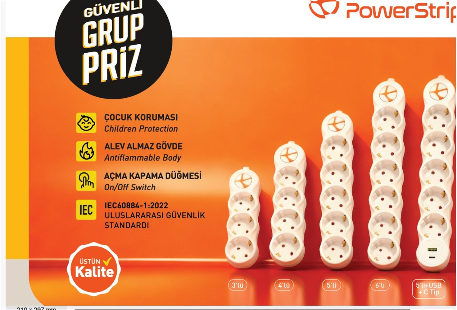 TUNCMATIK POWERSTRIP5 TSK19067 5m IEC 66884-1:2022 Standartı, FR(Alev Almaz)anahtarlı grup priz