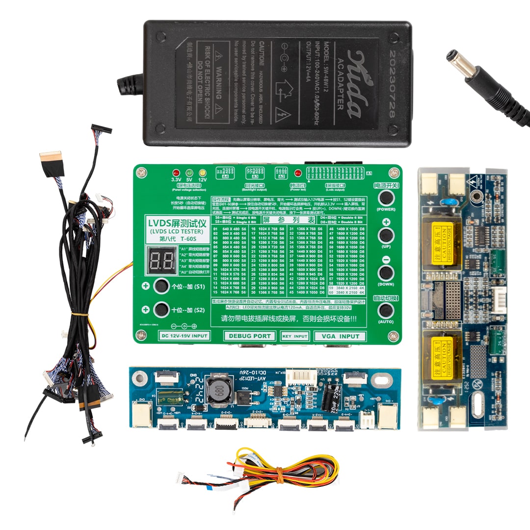 LVDS LCD TESTER T-60S LCD/LED TV PANEL TEST CİHAZI + 14 PARÇA KABLO +2 PARÇA INVERTER + ADAPTÖR