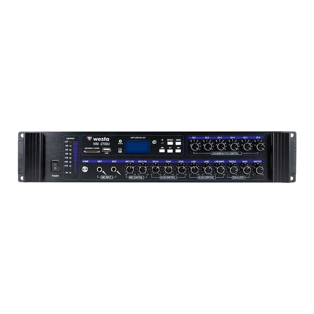 WESTA WM-2700U 700 WATT USB/BT/SD 4-16-70-100V 6 BÖLGELİ HAT TRAFOLU MİKSER ANFİ