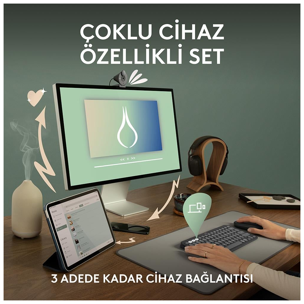 LOGITECH Pebble 2 Combo, Rose, 920-012247, Bluetooth, Türkçe, Q, Multimedya, Mini Klavye Mouse Set
