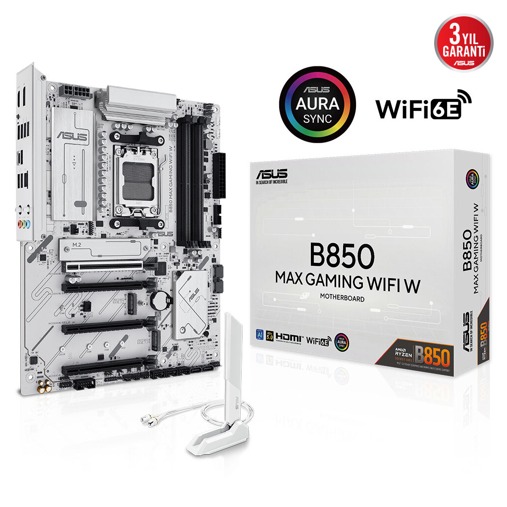 ASUS B850 MAX GAMING WIFI W, 4xDDR5, 3x M2, HDMI, DP, Type-C, Wi-Fi 6E, Bluetooth v5.3, AM5 Soket GAMING BEYAZ Anakart