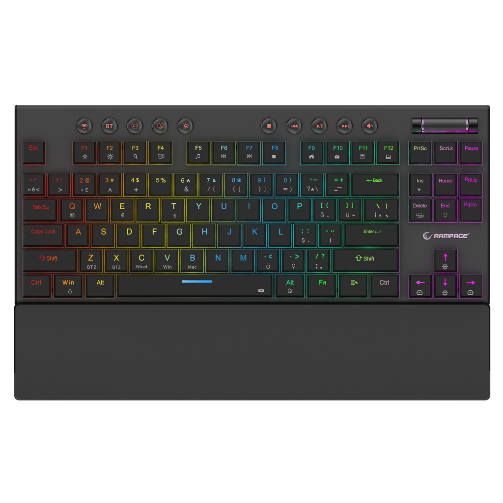 RAMPAGE BERU, Siyah, 2.4Ghz ve Bluetooth Kablosuz, RGB Lighting, RED Switch MECHANICAL, ABS Case, 1000mAh Bataryalı Gaming Klavye