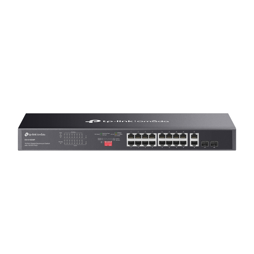 OMADA DS1018GMP, 18 Port Gigabit,  16 Port Gigabit PoE+, 250W, 4 Port Combo Gigabit SFP, Yönetilemez, Rackmount Metal Kasa Switch