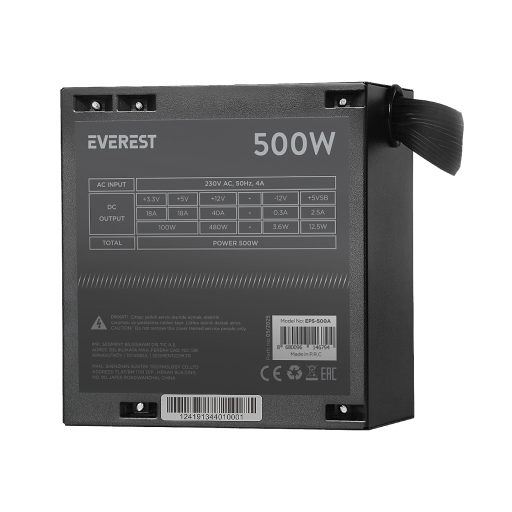 EVEREST EPS-500A, 500W, 12cm Fan, ATX, GAMING Power Supply (PSU) Bulk