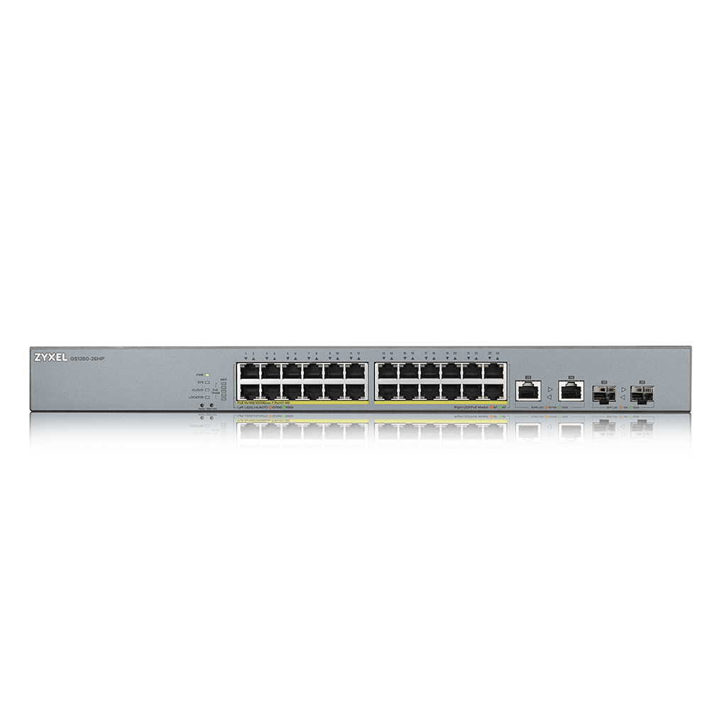 ZyXEL GS1350-26HP, 26 Port, GigaBit, 24 Port PoE 375W, +2Port GigaBit SFP, Yönetilebilir, Rackmount CCTV Switch