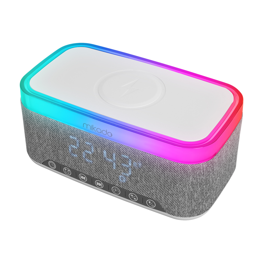 MIKADO MD-W8, 10W, Taşınabilir, USB/TYPE-C/BT/TF, RGB Işıklı, 1200mAh, 15W Kablosuz Şarj, Gece Lambası, Alarmlı Saat, Bluetooth Speaker