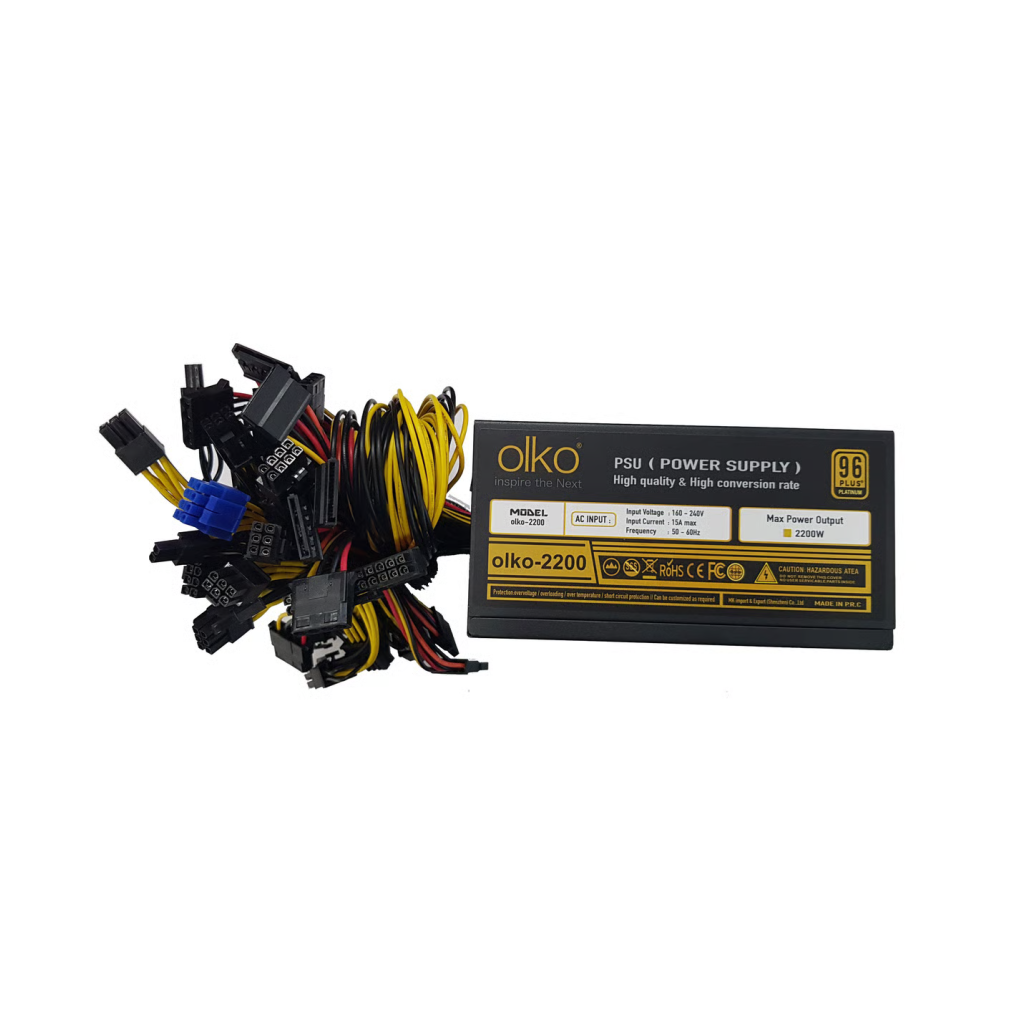 OLKO 2200, 2200W, 14cm Fan, 16xPCI-E 6+2Pin, 1x20+4Pin, 8xSata, ATX, Power Supply (PSU)