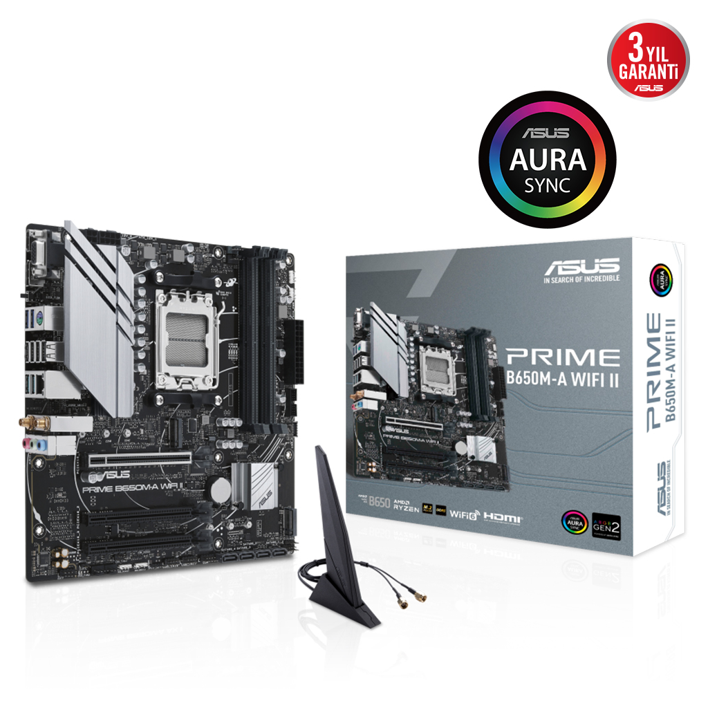 ASUS PRIME B650M-A WIFI II, 4xDDR5, 2x M.2, D-SUB, HDMI, DP, Wi-Fi 6, Bluetooth v5.2, AMD Ryzen 7000 Serisi, AM5 Soket Anakart