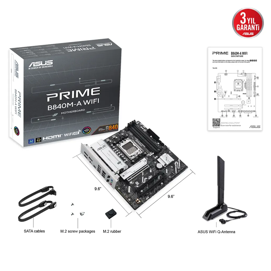 ASUS PRIME B840M-A WI-FI, 4xDDR5, 3x M.2, HDMI, 2x DP, Type-C, WI-FI 6E, Bluetooth 5.3, AMD Ryzen 9000 Serisi, AM5 Soket Anakart