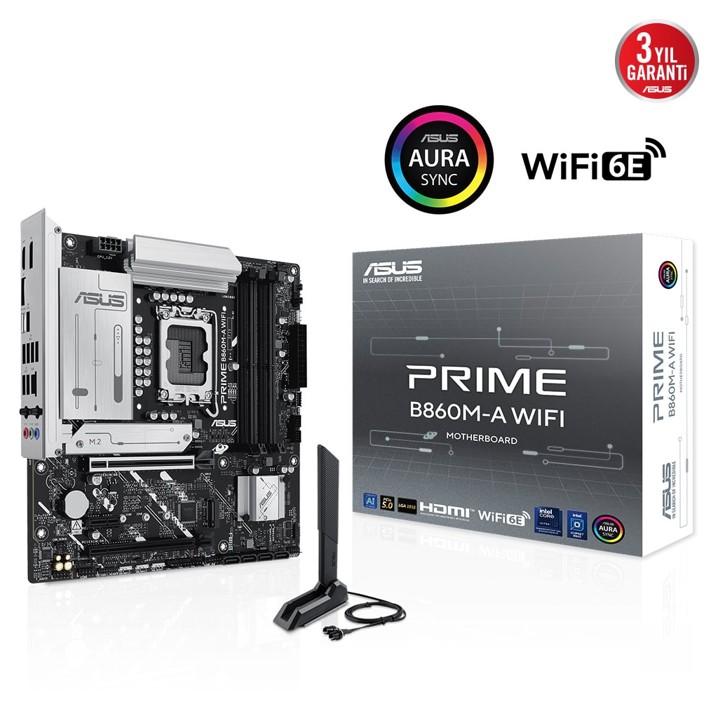 ASUS PRIME B860M-A WI-FI, 4xDDR5 2x M.2, HDMI, 2xDP, Wİ-Fİ 6E, Bluetooth v5.3, Type-C, Intel Core Ultra CPU(Seri 2), LGA1851 Soket Anakart