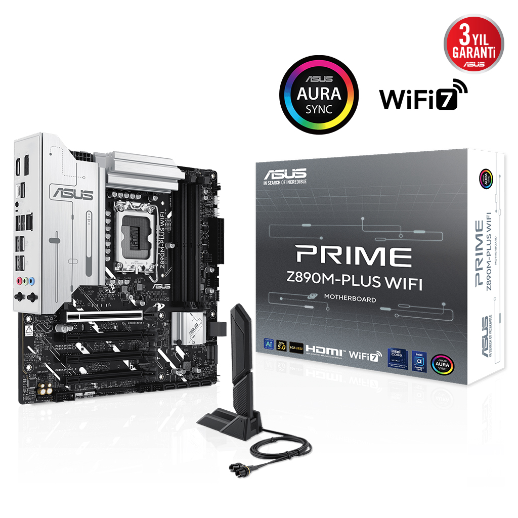 ASUS PRIME Z890M-PLUS WIFI, 7600MHz, 4xDDR5 3x M.2, HDMI, DP, Type-C, Wi-Fi 7, Bluetooth 5.4, Intel Core Ultra CPU(Seri 2), LGA1851 Soket, Gaming Anakart