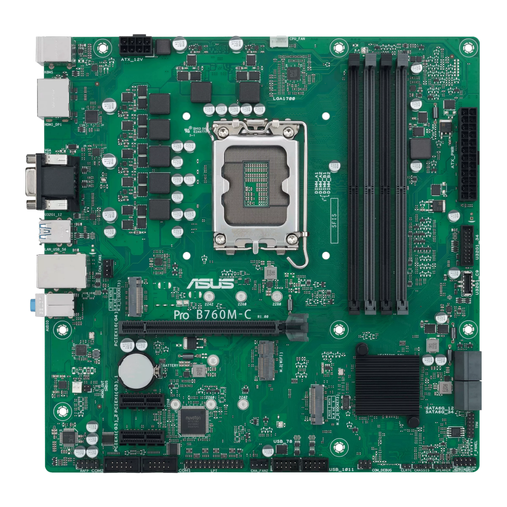 ASUS PRO B760M-C-CSM, 4xDDR5, 2x M.2, HDMI, DP, D-SUB, 12-13.Nesil, LGA1700 Soket, Anakart