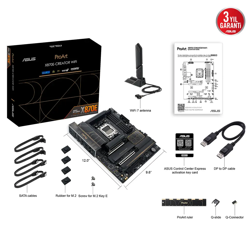 ASUS PROART X870E-CREATOR WIFI, 4xDDR5, 4xM.2, HDMI, DP, Type-C, PCIe 5.0, Wi-Fi 7, Bluetooth v5.4, AMD Ryzen 9000-8000 ve 7000 Serisi, AM5 Soket Anakart
