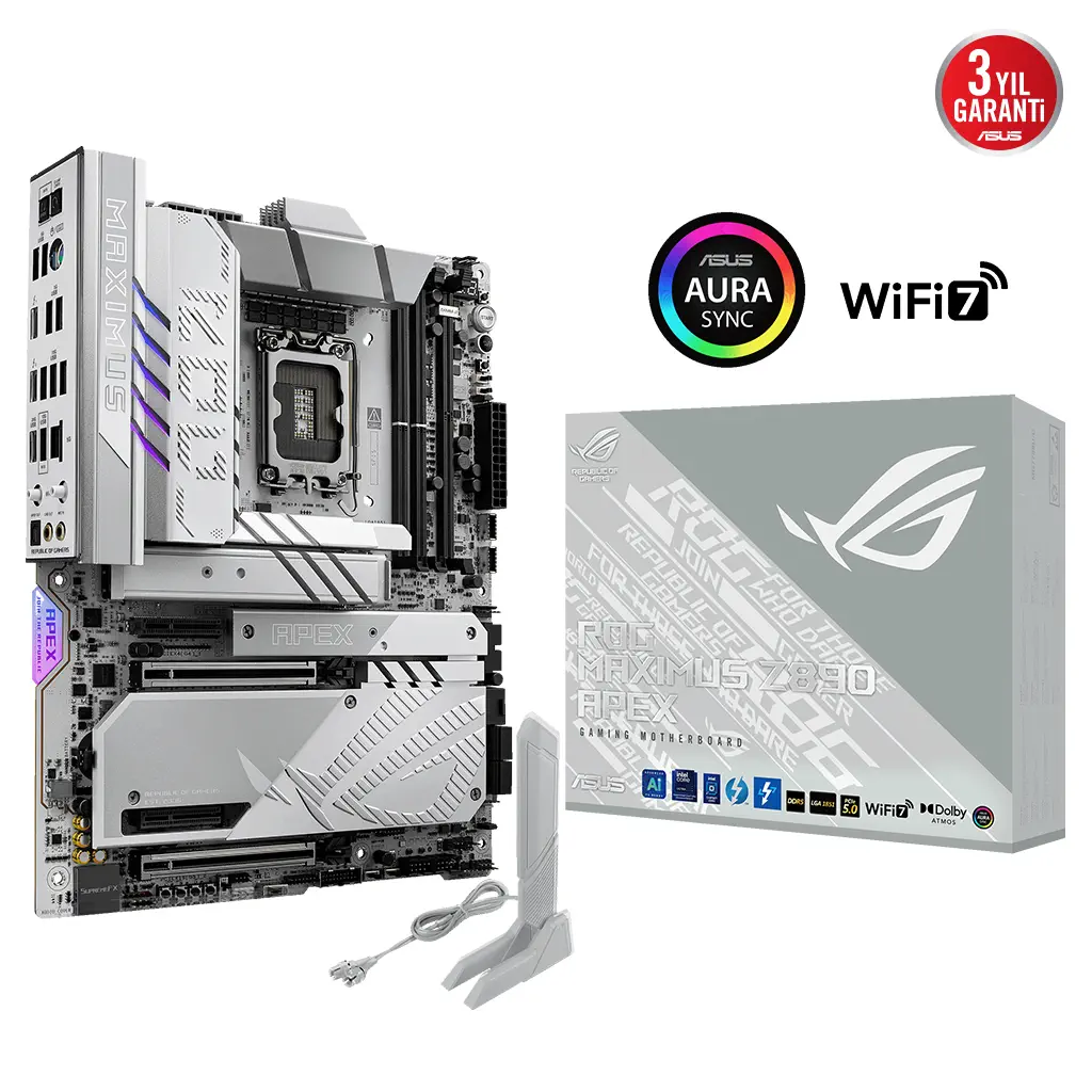 ASUS ROG MAXIMUS Z890 APEX, 9000MHz, 2xDDR5,  6x M.2, 2xThunderbolt, 4xType-C, Wi-Fi 7, Bluetooth 5.4, Intel Core Ultra CPU(Seri 2), LGA1851 Soket, Gaming Anakart