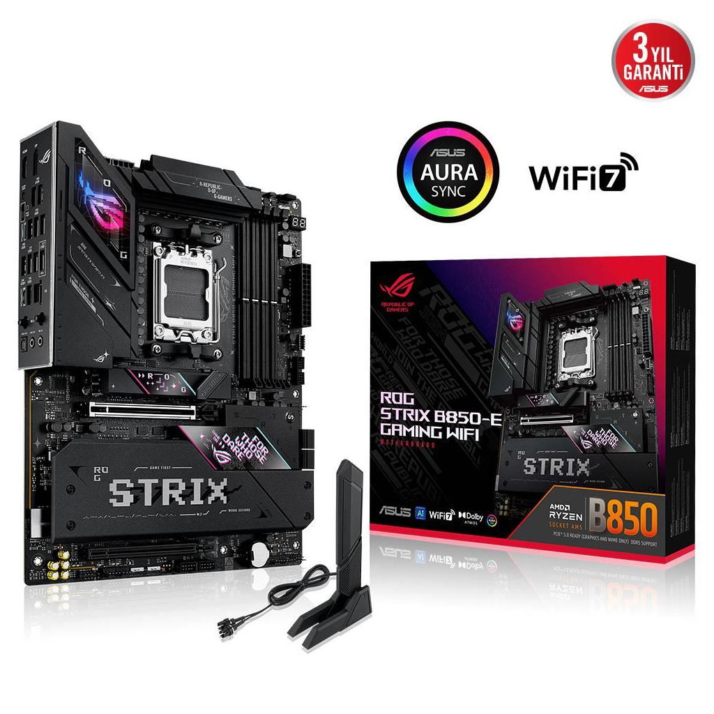 ASUS ROG STRIX B850-E GAMING WIFI, 4xDDR5, 5x M2, HDMI, DP, 2xType-C, Wi-Fi 7, Bluetooth v5.4, AMD Ryzen 9000 Serisi, AM5 Soket Anakart