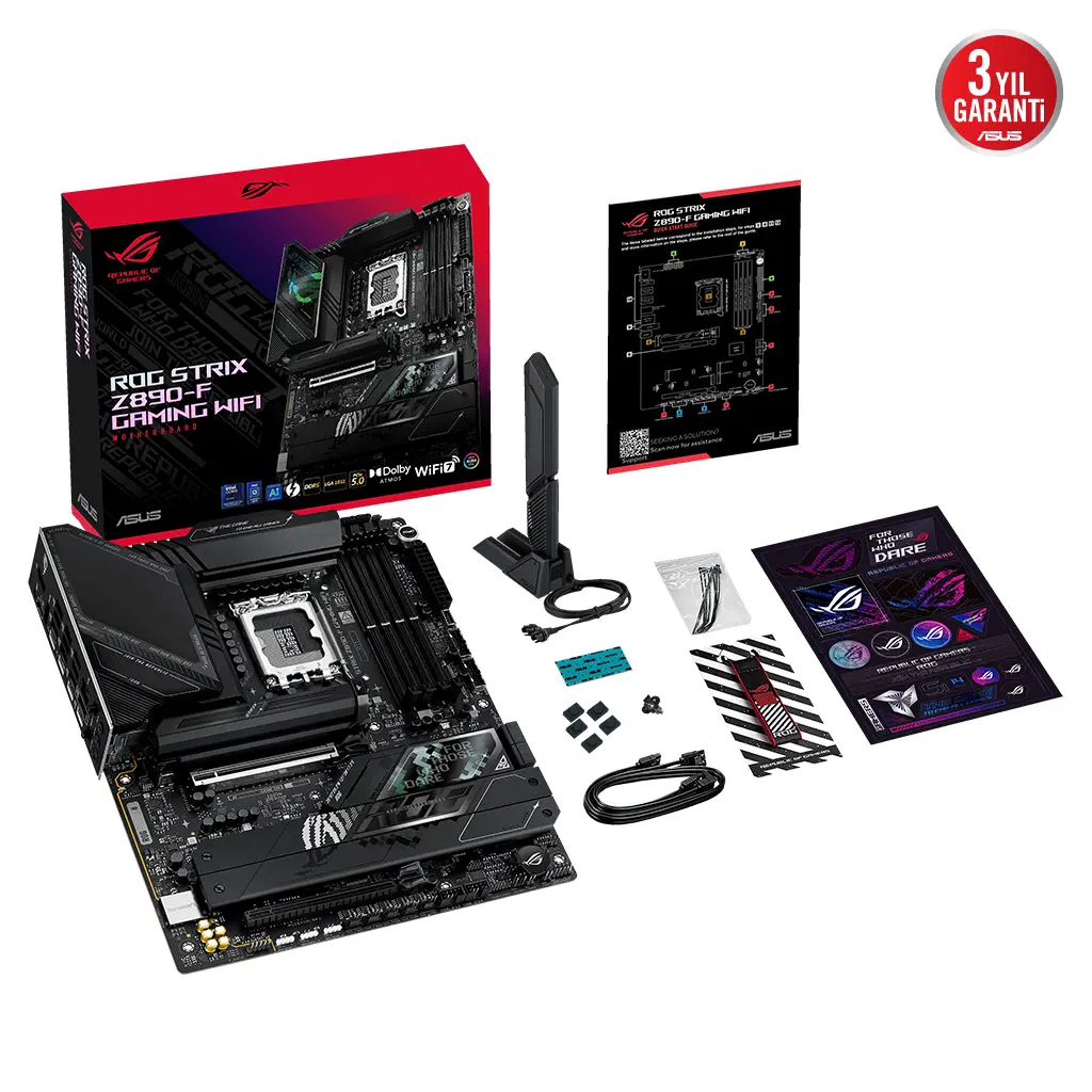 ASUS ROG STRIX Z890-F GAMING WIFI, 8600MHz, 4xDDR5, 5x M.2, HDMI, DP, 2xThunderbolt, 4xType-C, Wi-Fi 7, Bluetooth 5.4, Intel Core Ultra CPU(Seri 2), LGA1851 Soket, Gaming Anakart