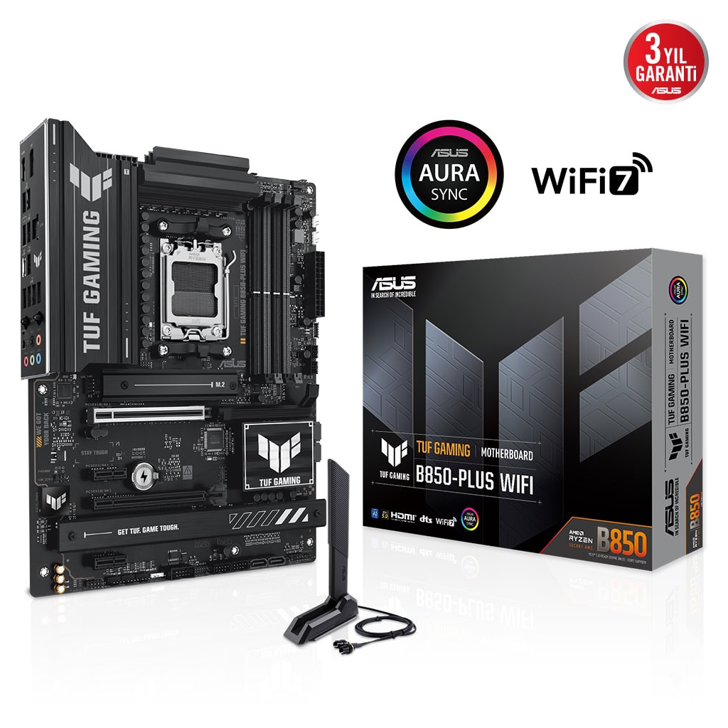 ASUS TUF GAMING B850-PLUS WIFI, 4xDDR5, 3x M.2, HDMI, DP, Type-C, Wi-Fi 7, Bluetooth v5.4, AMD Ryzen 9000 Serisi, AM5 Soket Anakart