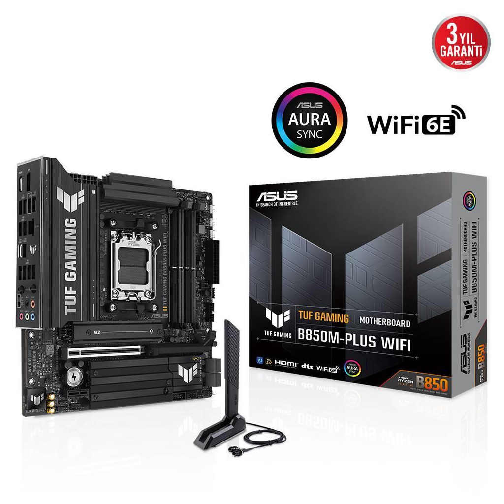 ASUS TUF GAMING B850M-PLUS WIFI, 4xDDR5, 3x M.2, HDMI, DP, Type-C, Wi-Fi 6E, Bluetooth v5.3, AMD Ryzen 9000 Serisi, AM5 Soket Anakart