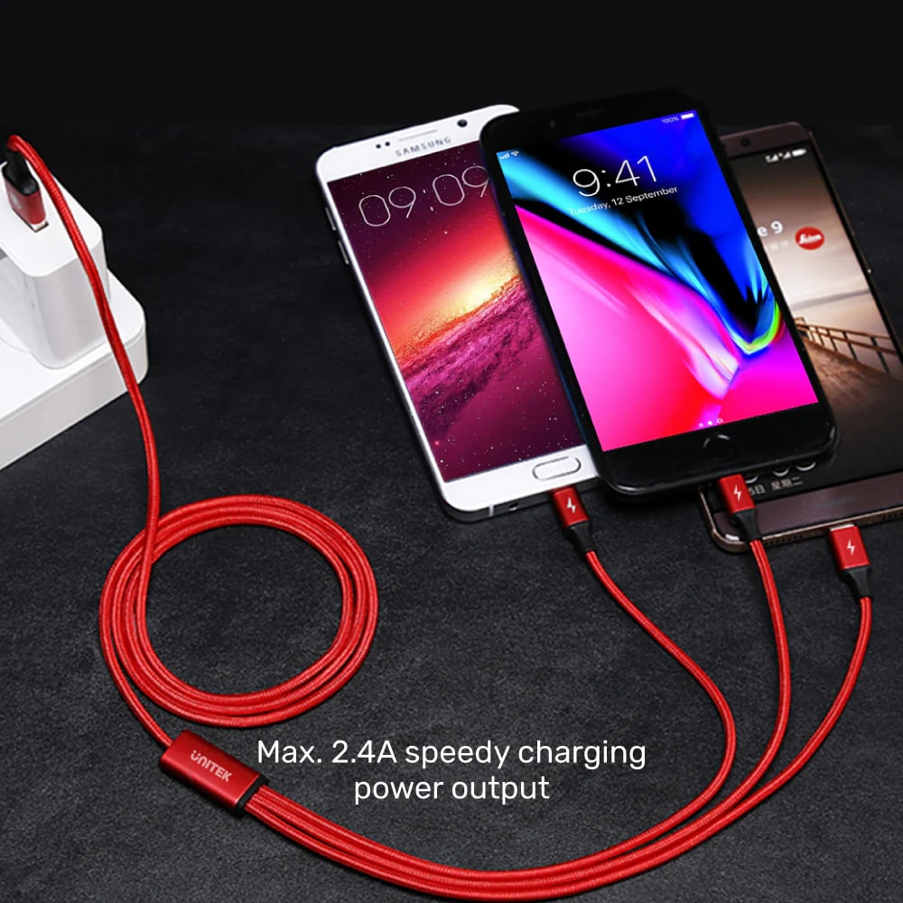 UNITEK USB-A 3in1 HIZLI ŞARJ KABLOSU 1.2MT 2.4A MICRO USB, TYPE-C, LIGHTNING (C14049BK)