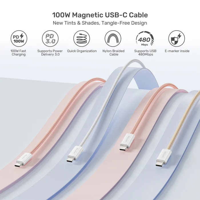 UNITEK TYPE-C MANYETİK HIZLI ŞARJ KABLOSU PEMBE (C14141APK01-1M)